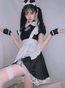 Devica kostum anime dolgo krilo Lolita krilo ženske črni in beli predpasnik cafe kostum, kostum cosplay