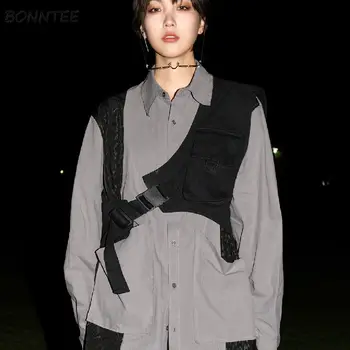 Majice za Ženske Črna Unisex korejski Stil Modni Vse-tekmo Ulične Priložnostne Cool Outwear Študentov Tovor Žep Estetske