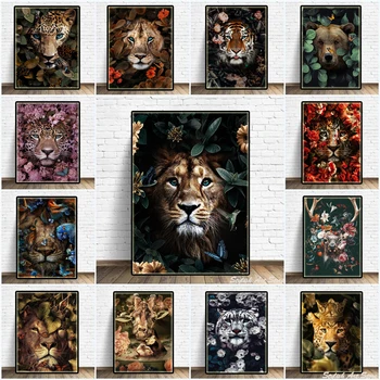 Nordijska Cvet Živali Plakat, Lev, Tiger Jelena Leopard Povzetek Platno Barvanje, Tiskanje Wall Art Dekorativne Slike Soba Hoom Dekor