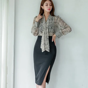 Nov prihod mode set ženske korejski strokovnih OL vidika šifon majico in visoko pas črn svinčnik krilo dva-delni set