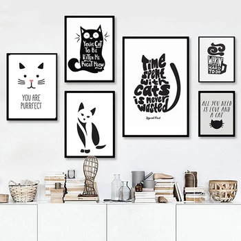 Povzetek Mačka Ponudbe Platno, Saj Črno in Belo Živali, Plakati, Tiskanje Nordijska Wall Art Slike za Dnevni Sobi Doma Dekor