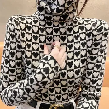 Pozimi 2021 Žensk Turtleneck Pulover korejski Modni Flis Houndstooth Luksuzni Pulover Potegnite Seksi Femme Kariran Pulover Za Ženske
