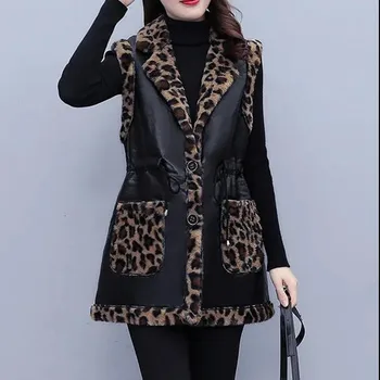 Pozimi Novo Usnje Waistcoat Plus Žamet Telovnik Leopard Natisniti Moda Krzno Jopiči Mid-Dolžina Vrhnja Obleka Ohlapno Toplo Telovnik Ženski Plašč