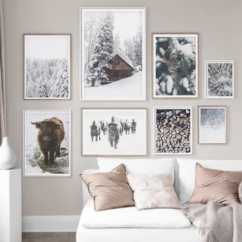 Pozimi Sneg Hiša Slike Na Steni Nordijska Plakat Borovih Goveda Platno Slikarstvo Stenske Slike Za Dnevni Sobi Doma Dekor