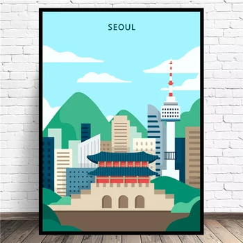 Seulu v Južni Koreji Mesto Logotip Krajine Risanka Preprost Plakat Platno Barvanje, Tiskanje za Sobi Art Okras Stensko Sliko