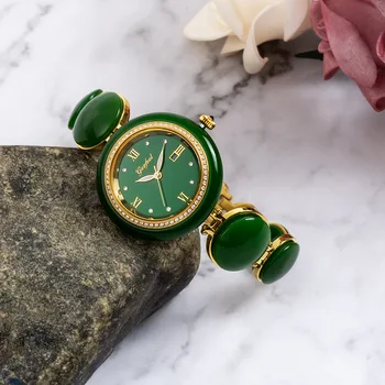 Ženske Jade Watch Samodejno Quartz uro Gospe Nepremočljiva Zeleni Pas Usnje Gift Box Embalaže Koledarski Prikaz Reloj De Jade