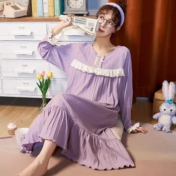 Ženske Lep Nightgowns Poln Rokav, Velikost M-4XL Prijetno Natisnjeni Ruffles Trendy Sleepshirts Najstnikov Priložnostne Salon Sladko Chic